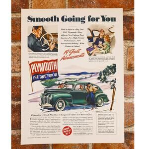 1941 Plymouth Print Ad - Green Sedan Winter Driving Scene "Smooth Going for You"